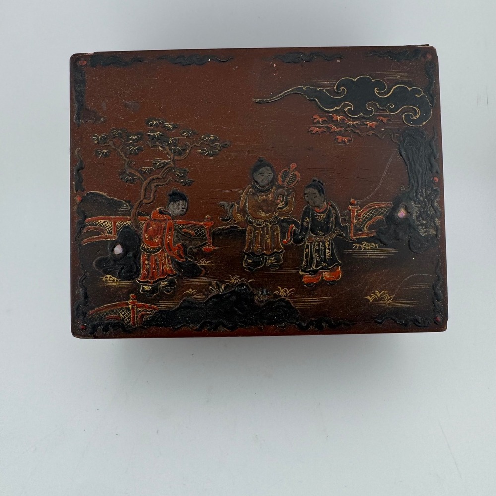 Vintage Lacquer Trinket Box Small Brown Fair Vintage Japanese Chinoiserie Wood